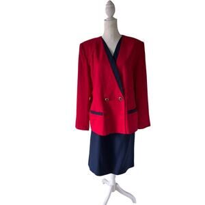 Kate Mc Naughton Red and Navy Long Sleeve Skirt Suit Size 14